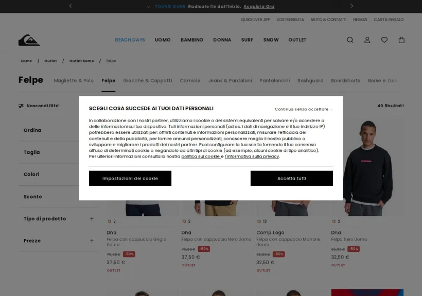 Schermata della pagina offerta di Quiksilver 