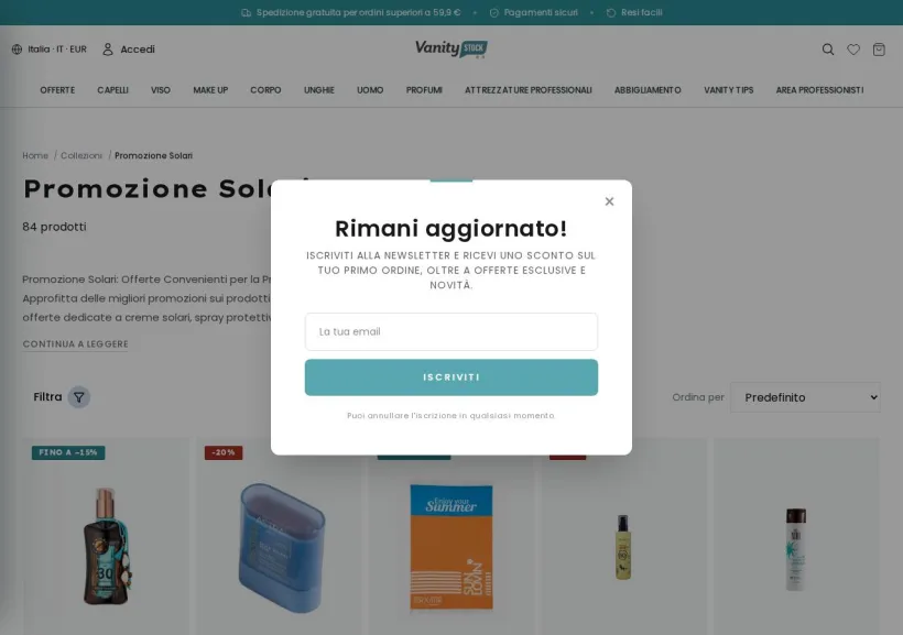 Schermata della pagina offerta di VanityStock.com
