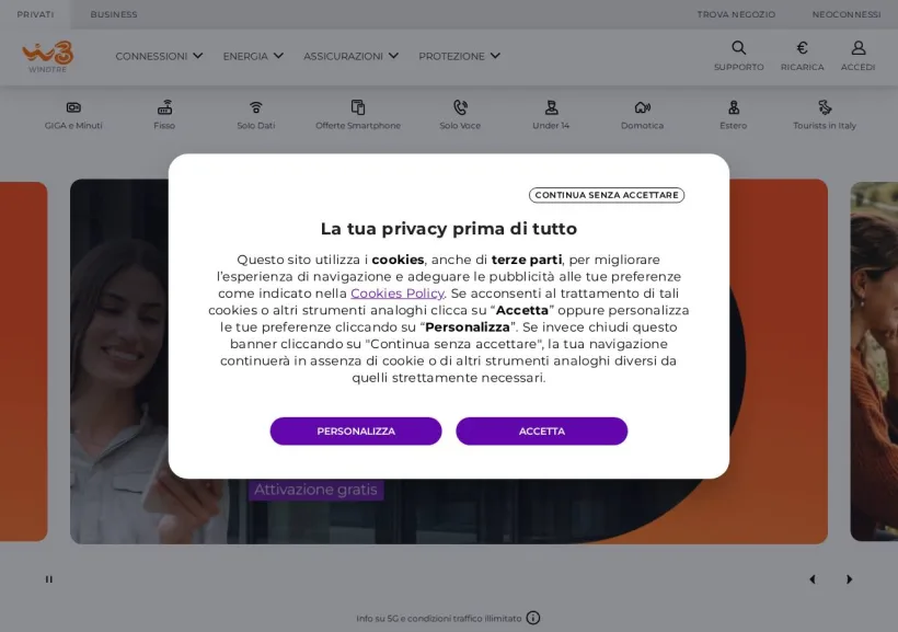 Schermata della pagina offerta di Wind Tre