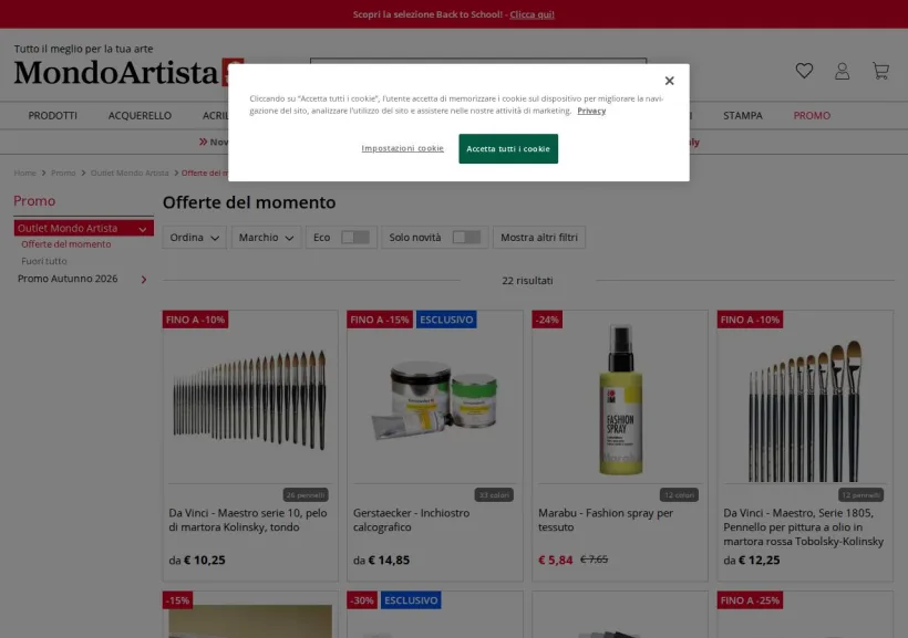Schermata della pagina offerta di Mondo Artista