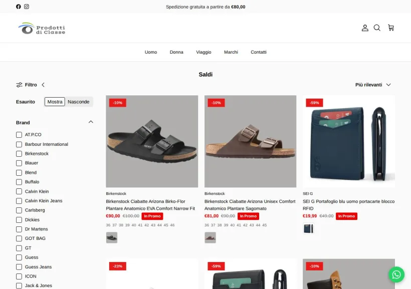 Schermata della pagina offerta di Prodotti di classe