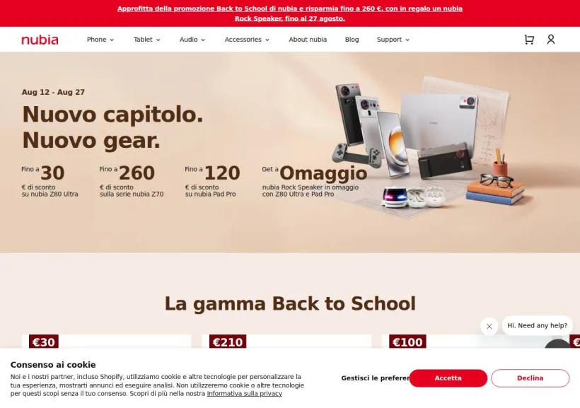Schermata della pagina offerta di Nubia