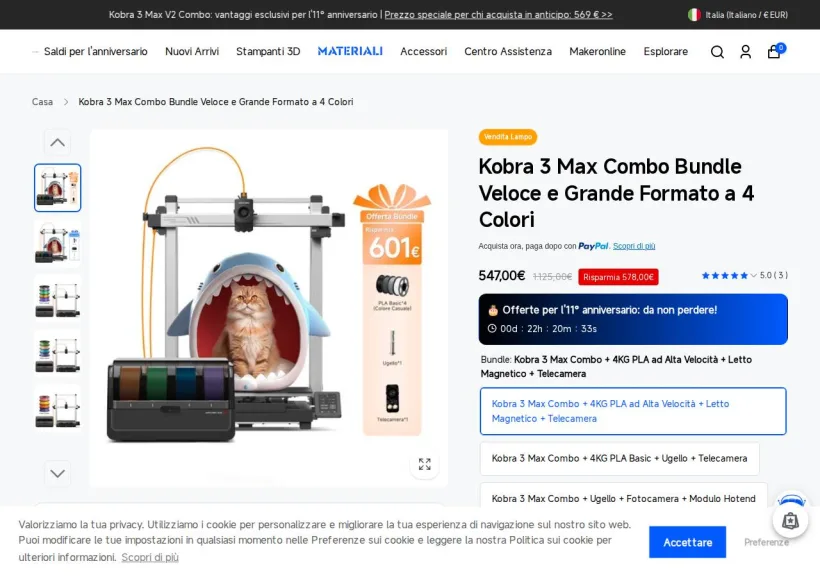 Schermata della pagina offerta di Anycubic