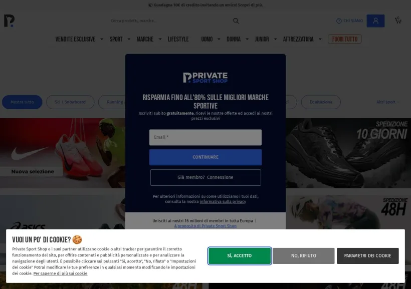Schermata della pagina offerta di Private Sport Shop