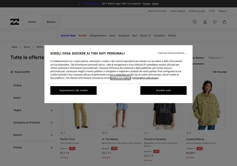 Schermata della pagina offerta di Billabong