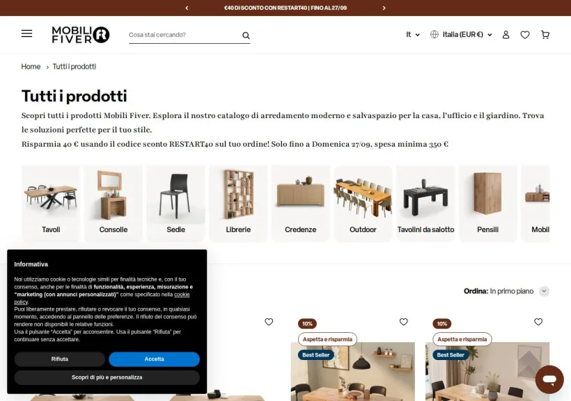 Schermata della pagina offerta di Mobili Fiver