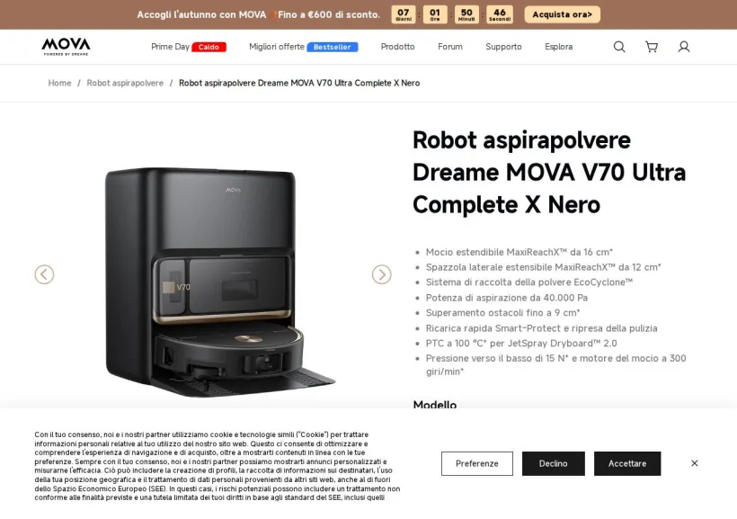 Schermata della pagina offerta di Mova