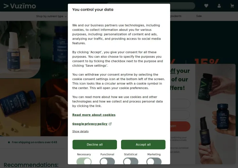 Schermata della pagina offerta di Vitalized