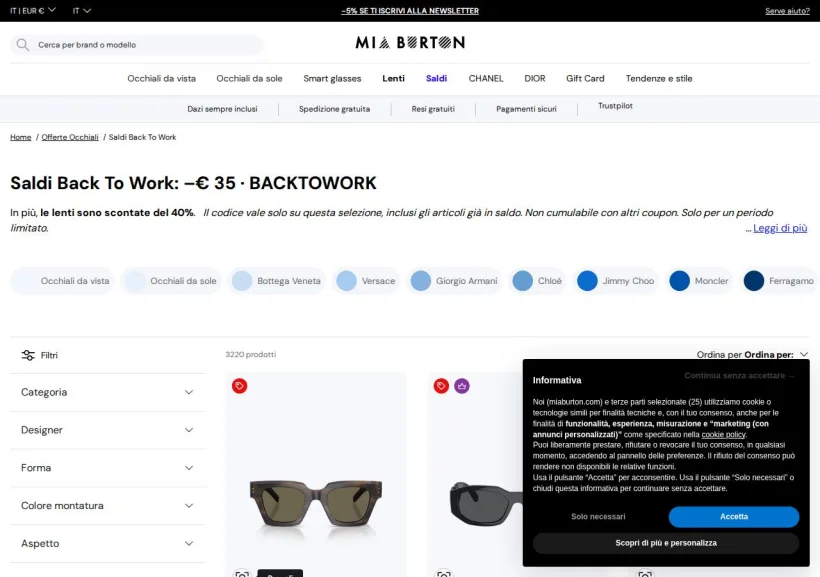 Schermata della pagina offerta di Mia Burton
