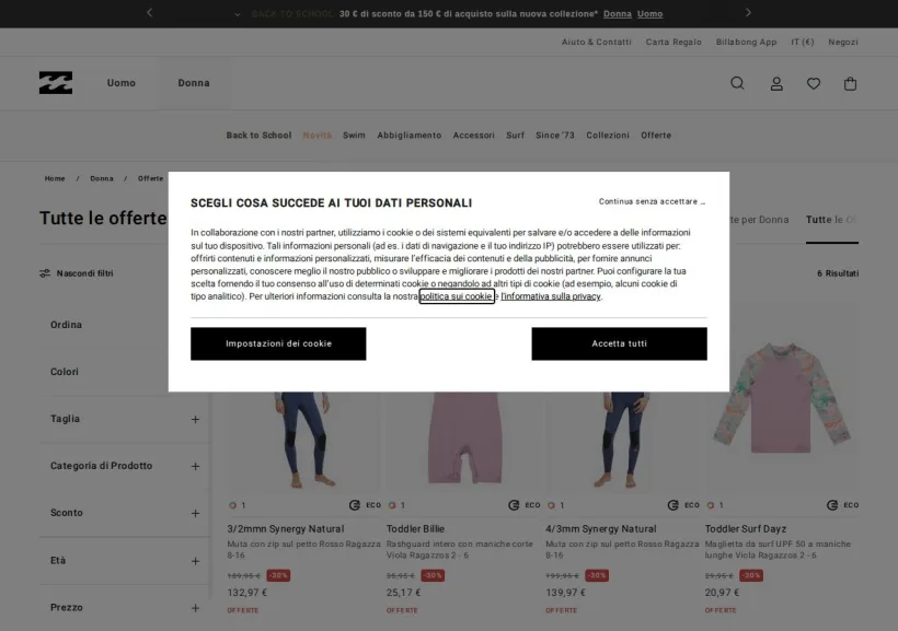 Schermata della pagina offerta di Billabong