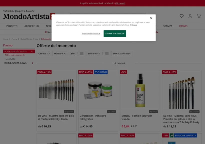 Schermata della pagina offerta di Mondo Artista