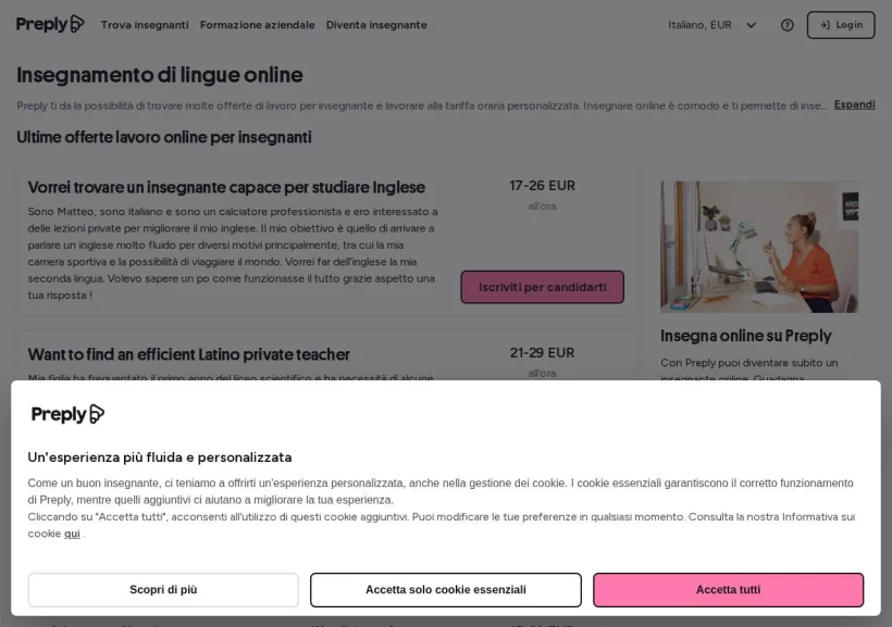 Schermata della pagina offerta di Preply