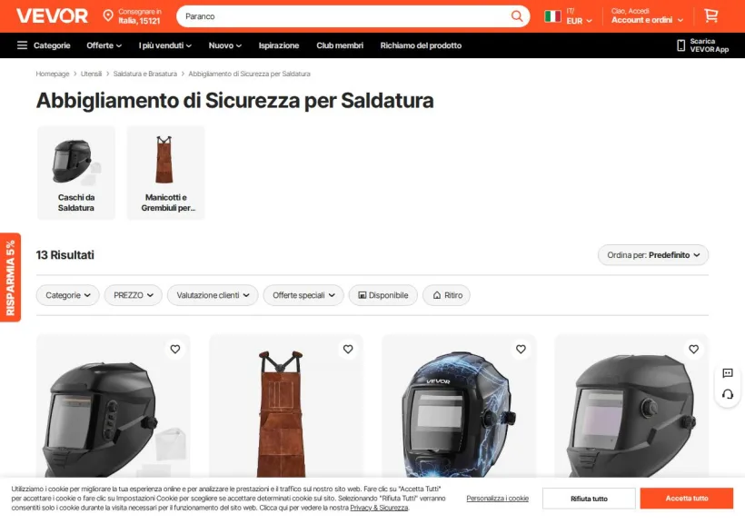 Schermata della pagina offerta di Vevor