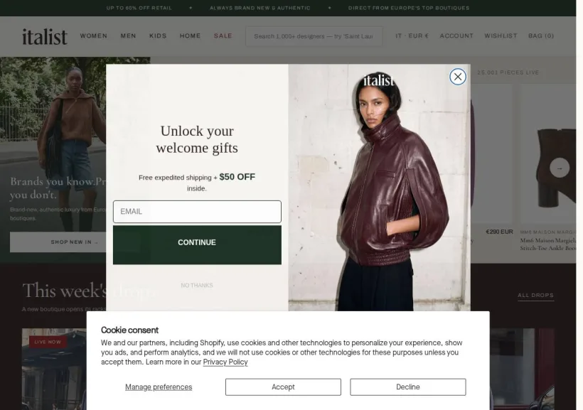 Schermata della pagina offerta di Italist