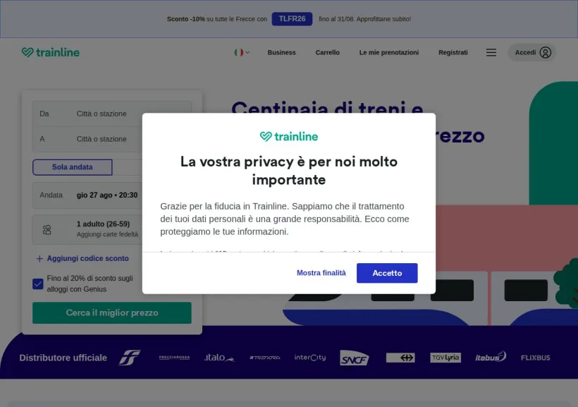 Schermata della pagina offerta di Trainline