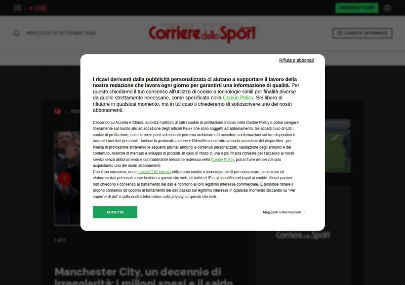 Schermata della pagina offerta di Corriere dello Sport
