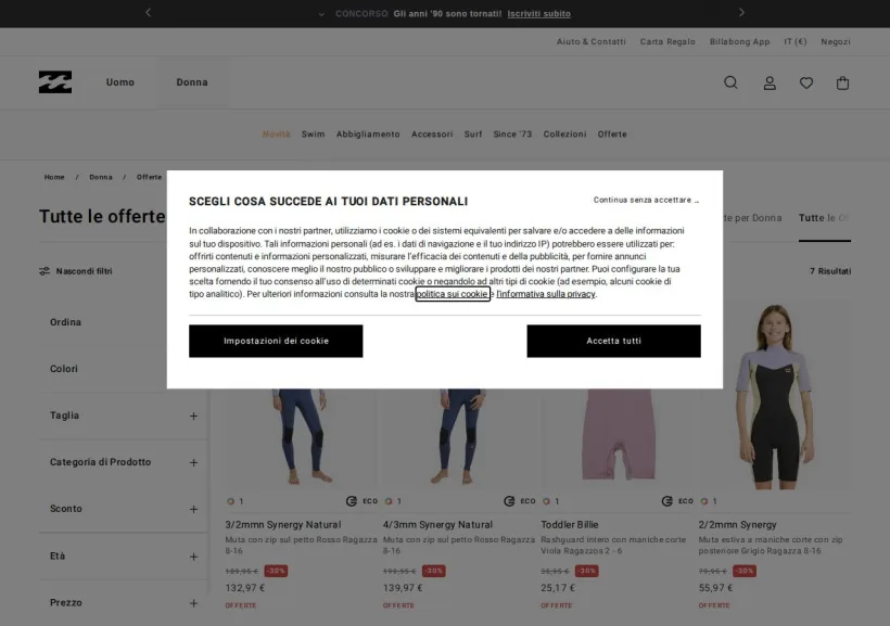 Schermata della pagina offerta di Billabong
