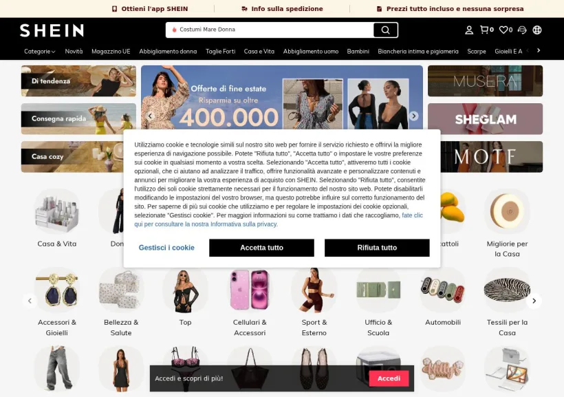 Schermata della pagina offerta di Shein