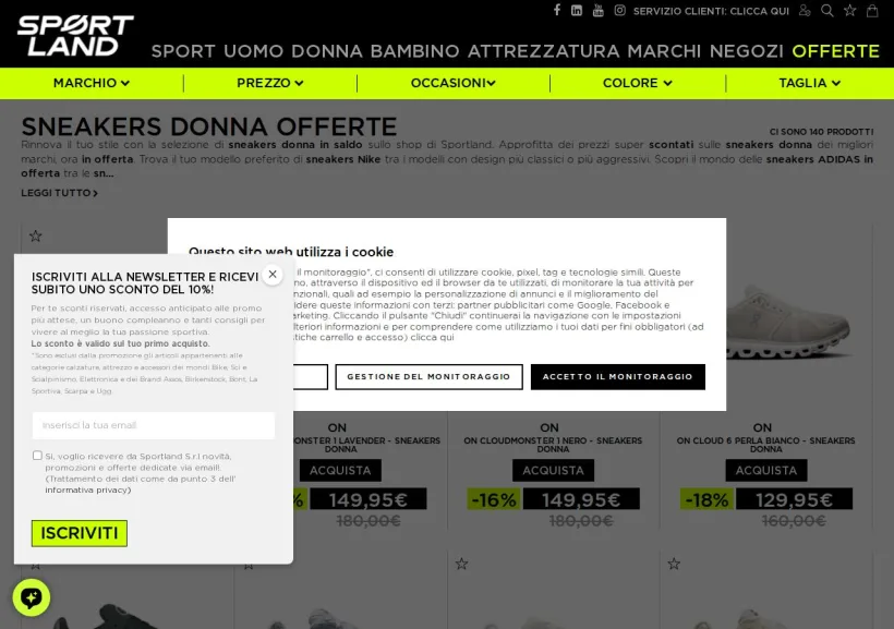 Schermata della pagina offerta di Sportland