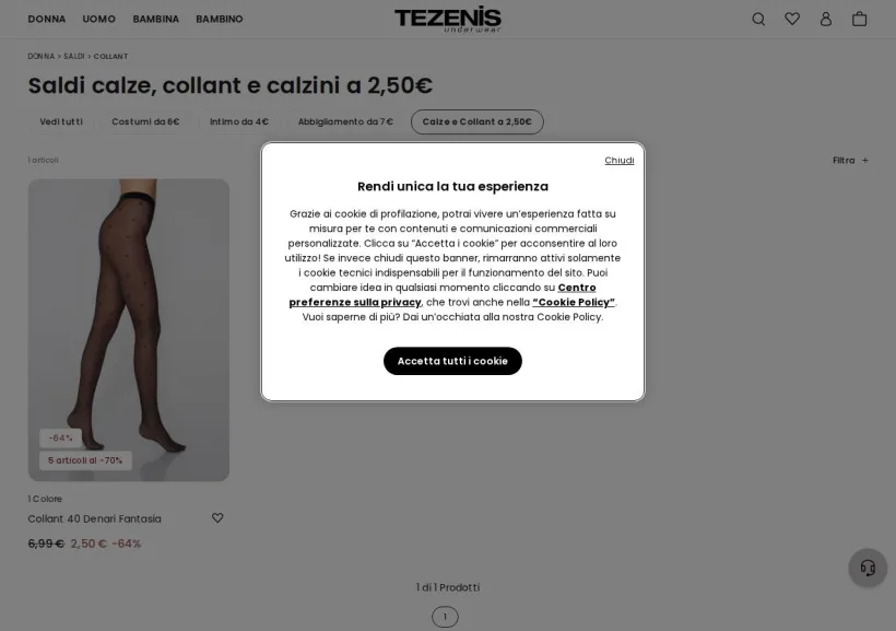 Schermata della pagina offerta di Tezenis