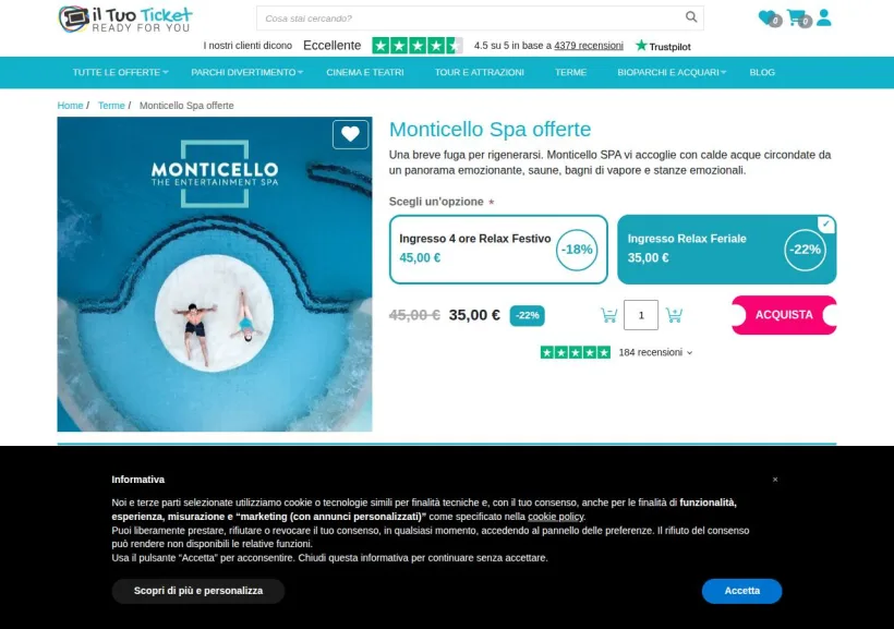 Schermata della pagina offerta di Iltuoticket
