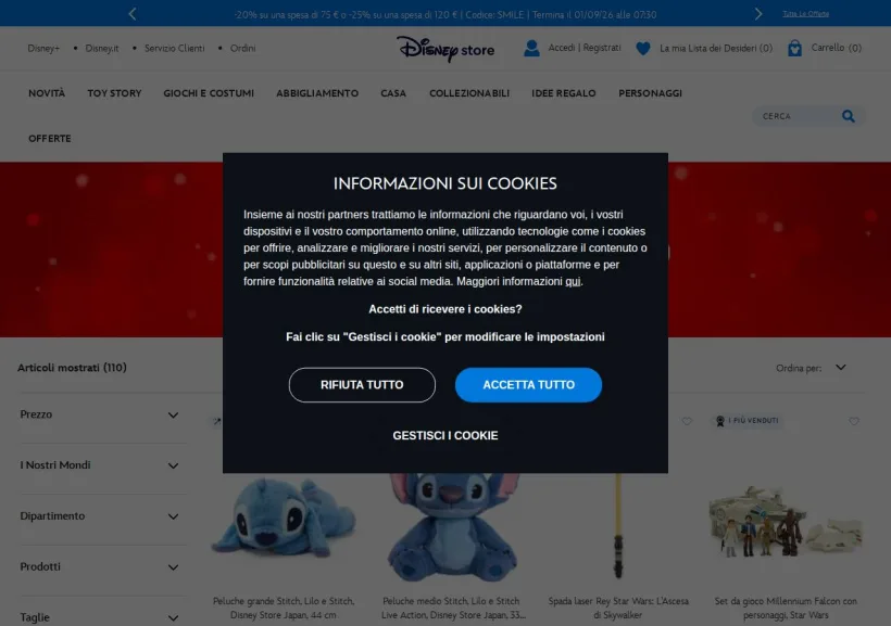 Schermata della pagina offerta di Shop Disney