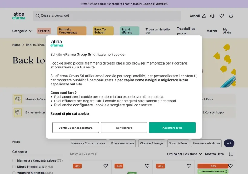 Schermata della pagina offerta di eFarma