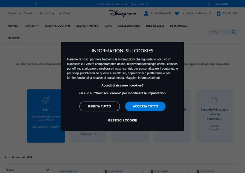 Schermata della pagina offerta di Shop Disney