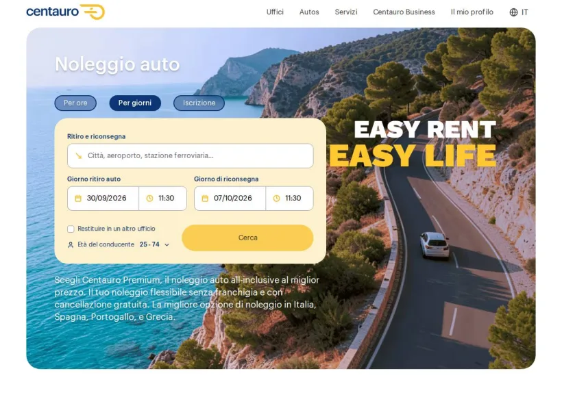 Schermata della pagina offerta di Centauro Rent a Car