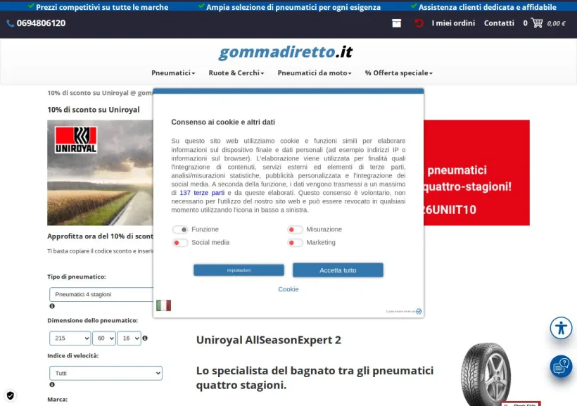Schermata della pagina offerta di Gommadiretto
