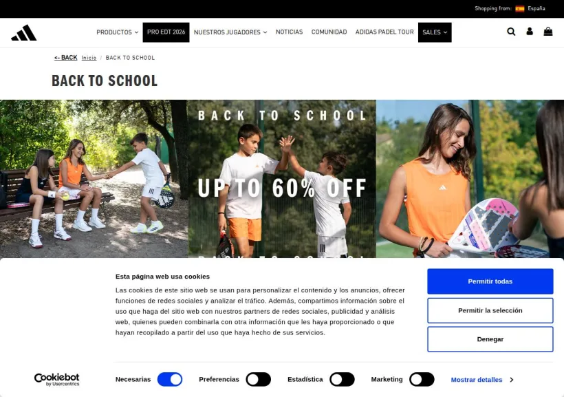 Schermata della pagina offerta di adidas Padel