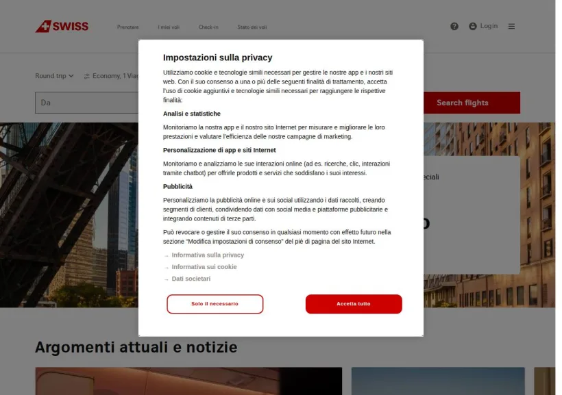 Schermata della pagina offerta di Swiss Air