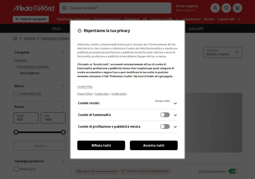 Schermata della pagina offerta di Mediaworld