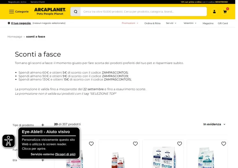 Schermata della pagina offerta di Arcaplanet