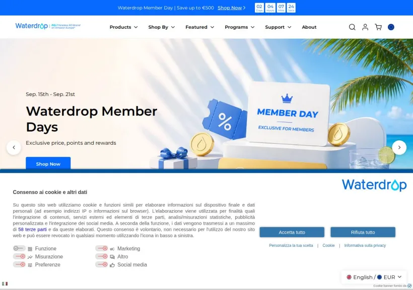 Schermata della pagina offerta di Waterdropfilter