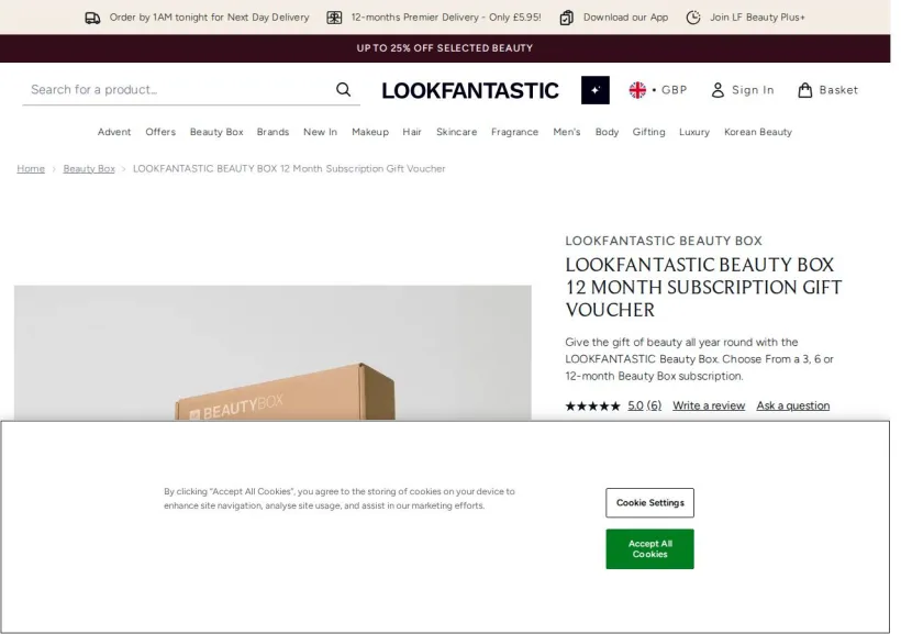 Schermata della pagina offerta di Look Fantastic