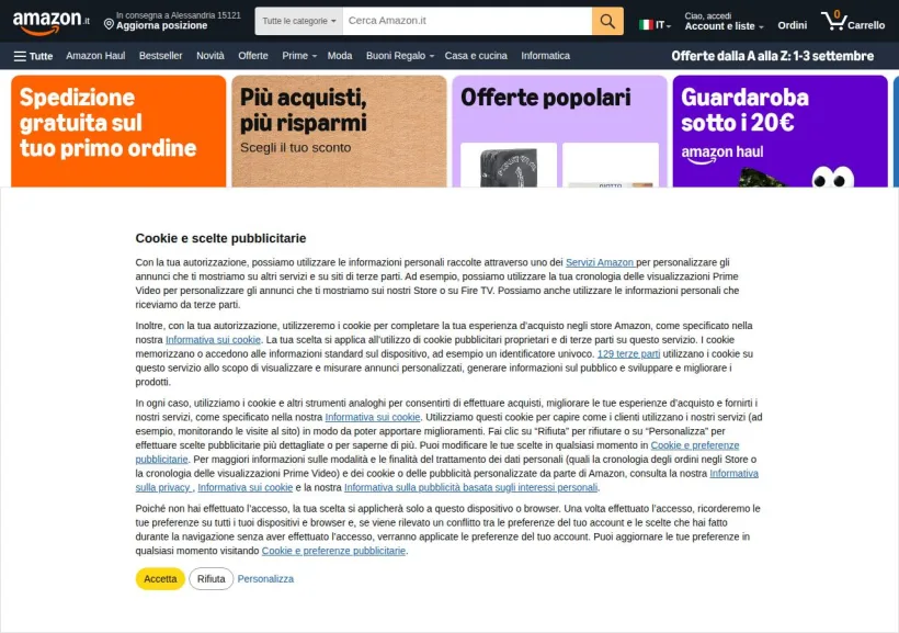 Schermata della pagina offerta di Amazon