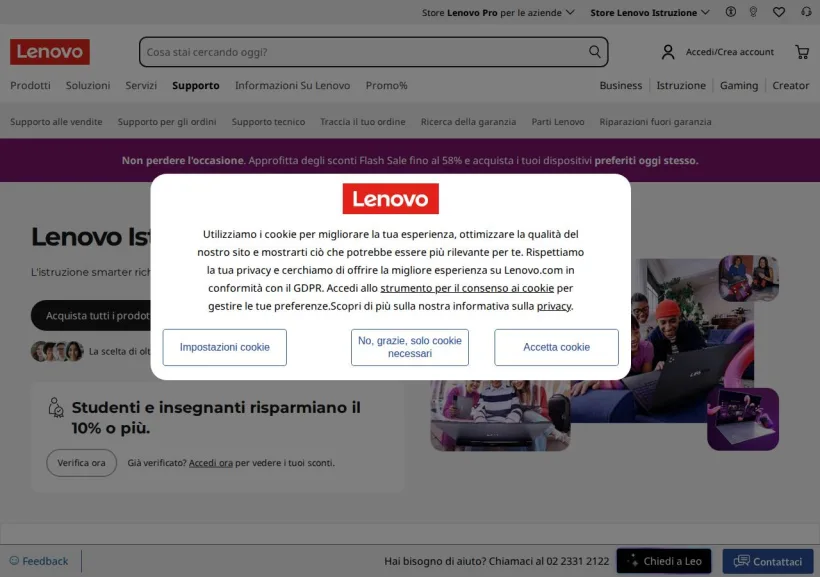 Schermata della pagina offerta di Lenovo