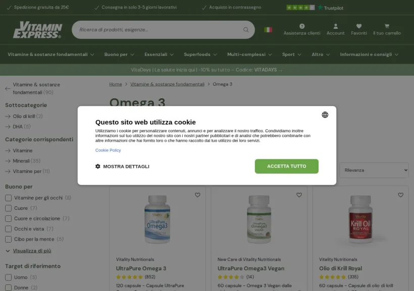 Schermata della pagina offerta di Vitamin Express