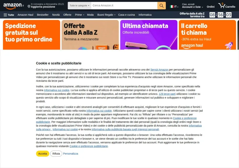 Schermata della pagina offerta di Amazon