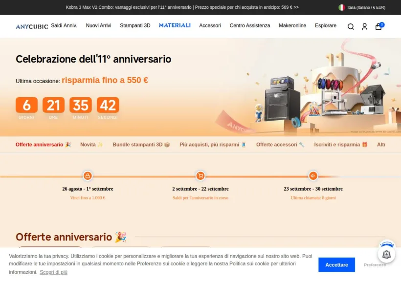 Schermata della pagina offerta di Anycubic