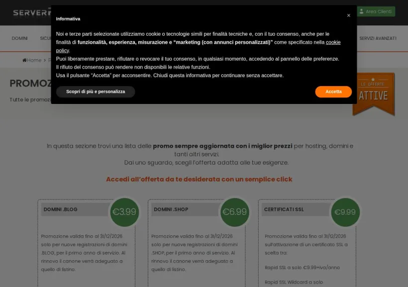 Schermata della pagina offerta di Serverplan