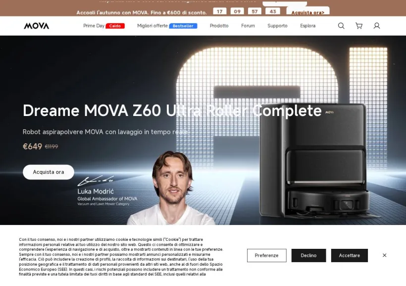 Schermata della pagina offerta di Mova