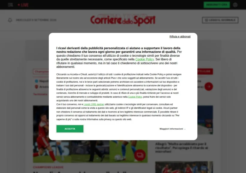 Schermata della pagina offerta di Corriere dello Sport