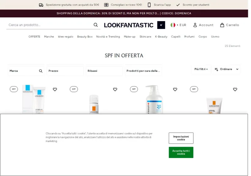 Schermata della pagina offerta di Look Fantastic