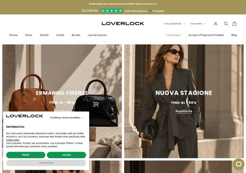 Schermata della pagina offerta di Loverlock boutique on line