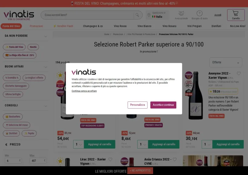 Schermata della pagina offerta di Vinatis