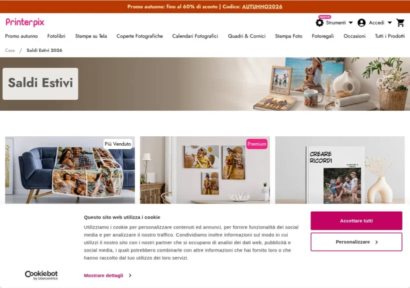 Schermata della pagina offerta di Printerpix