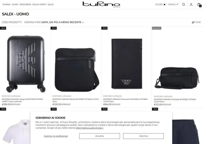 Schermata della pagina offerta di Tufano Moda