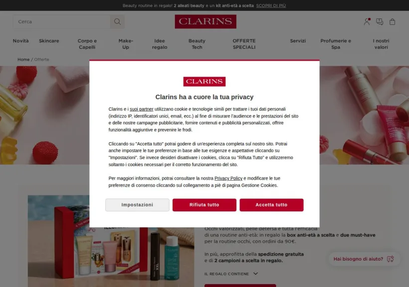 Schermata della pagina offerta di Clarins